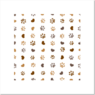 Doodle brown small paw prints with hearts seamless fabric design pattern Posters and Art